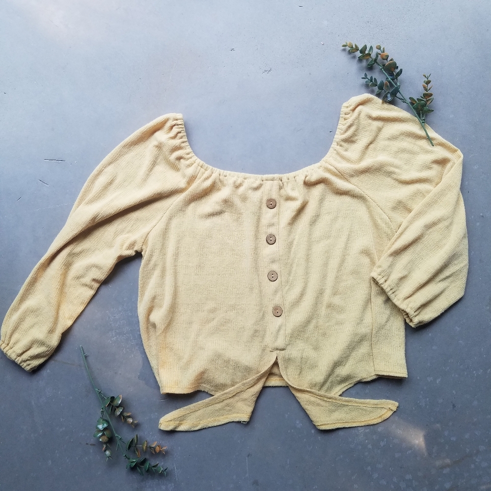 Stitch and Knot Butter Yellow Wide Shoulder Crop Top Fall Autumn Collection